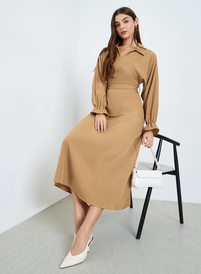 Styli Women Khaki Long Sleeve A-Line Midi Dress - Image 5